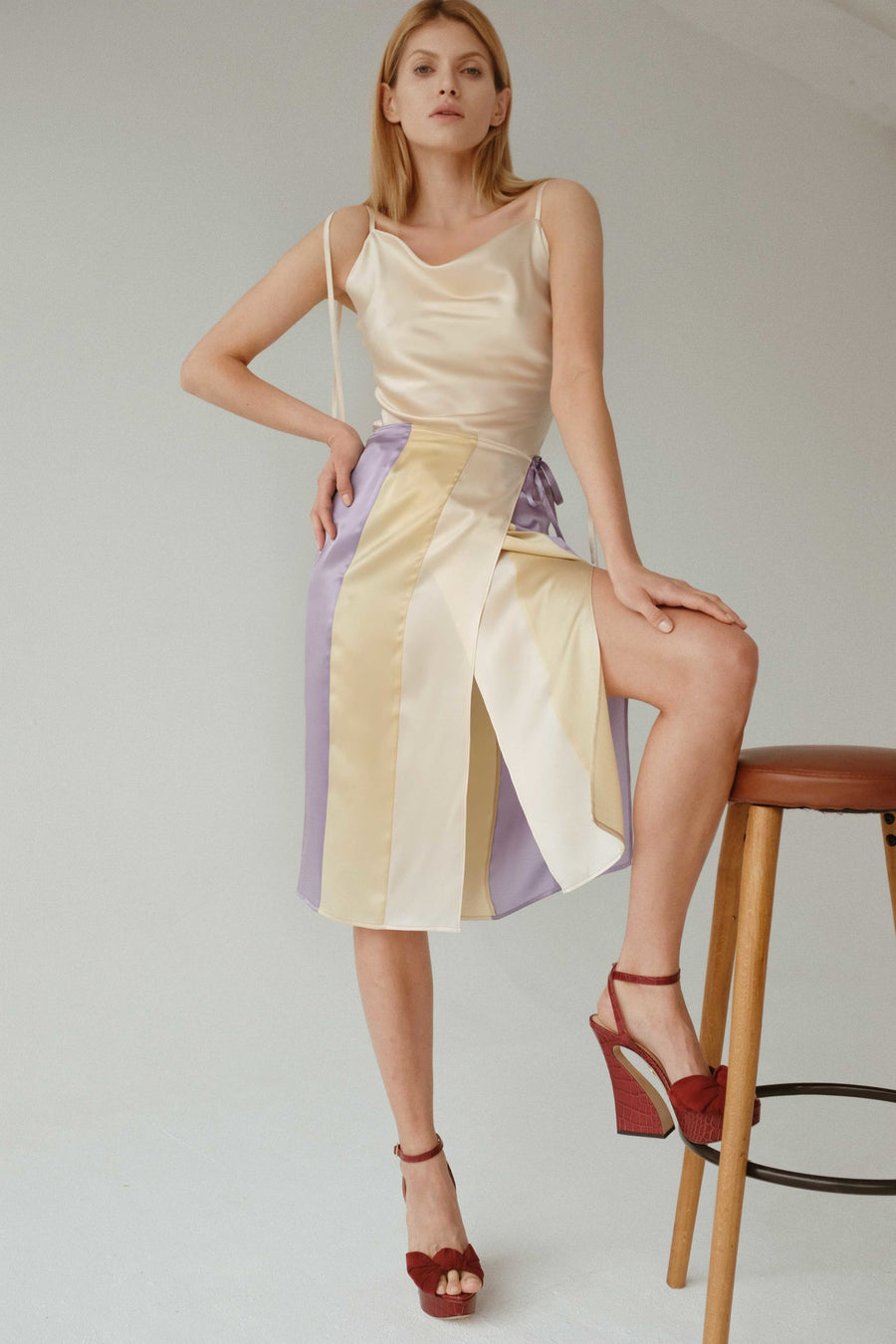 Silk satin wrap skirt in cream yellow lavender