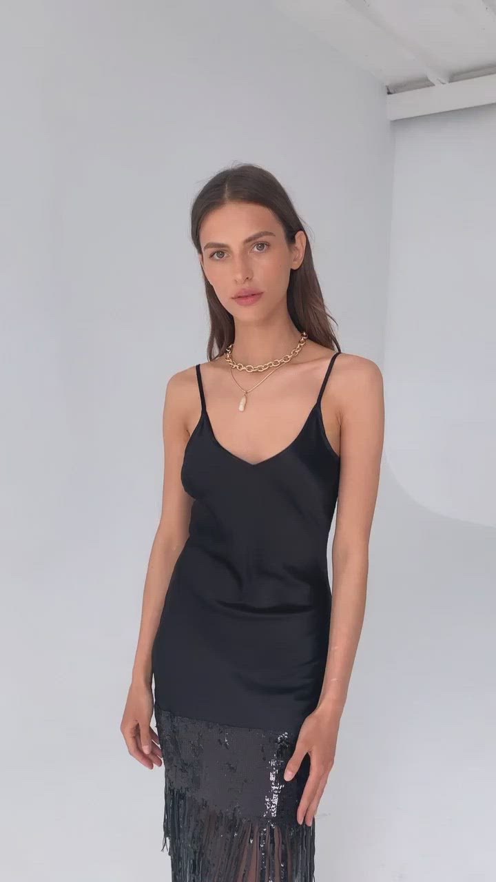 Silk satin slip dress with sequin embroidery in black
