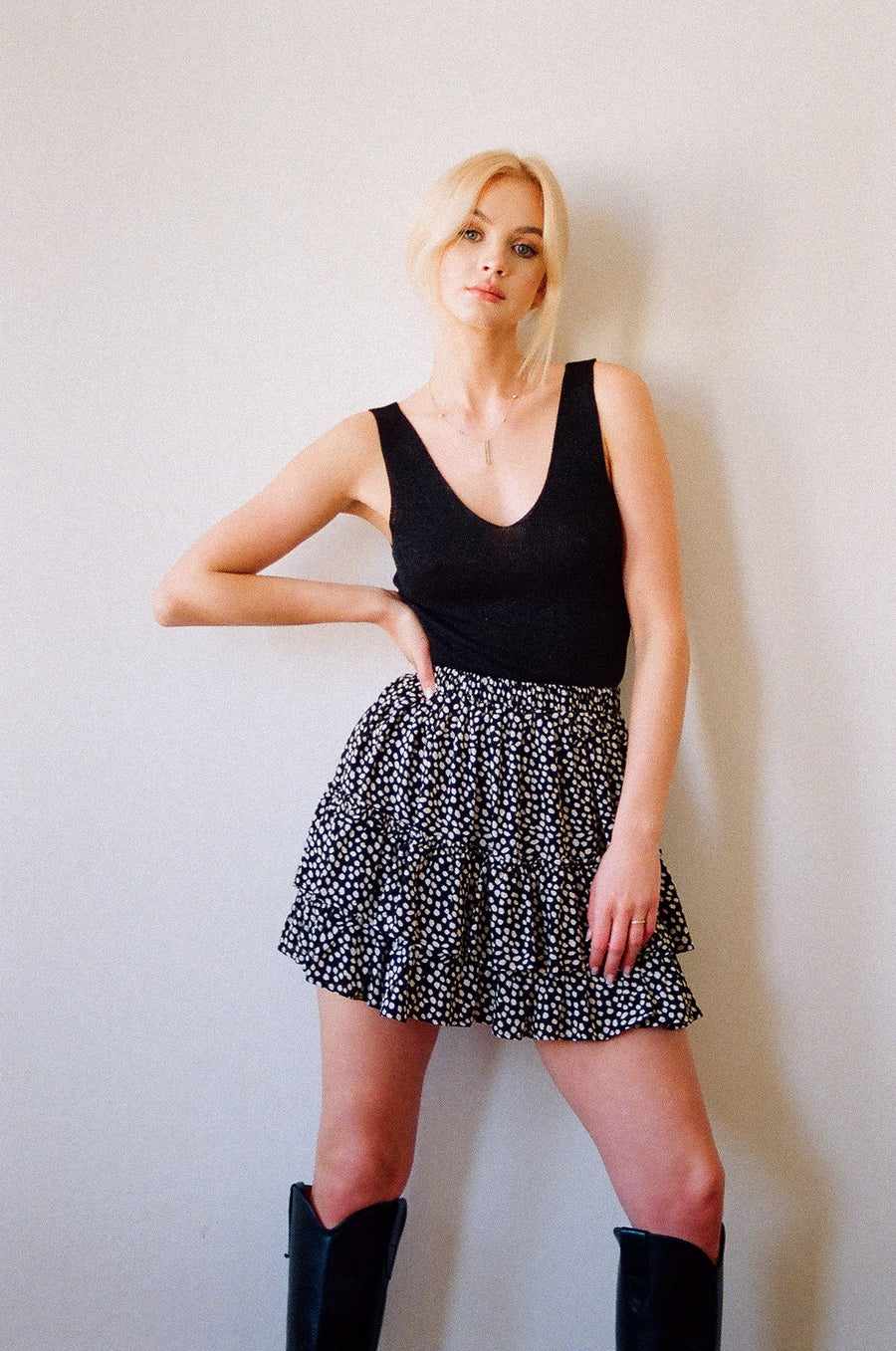 Tiered mini skirt in dot print