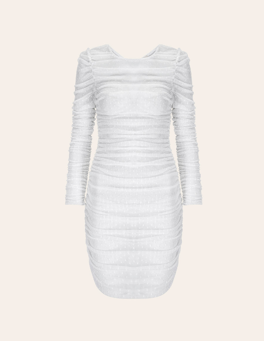 Marszczona sukienka z białego tiulu w groszki 