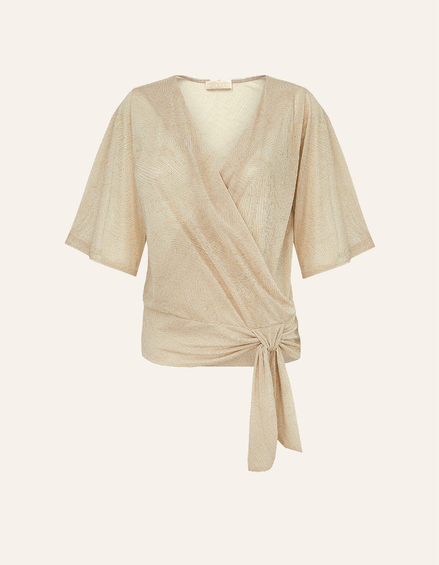 Wrap blouse with fancy sleeve in shiny golden tulle
