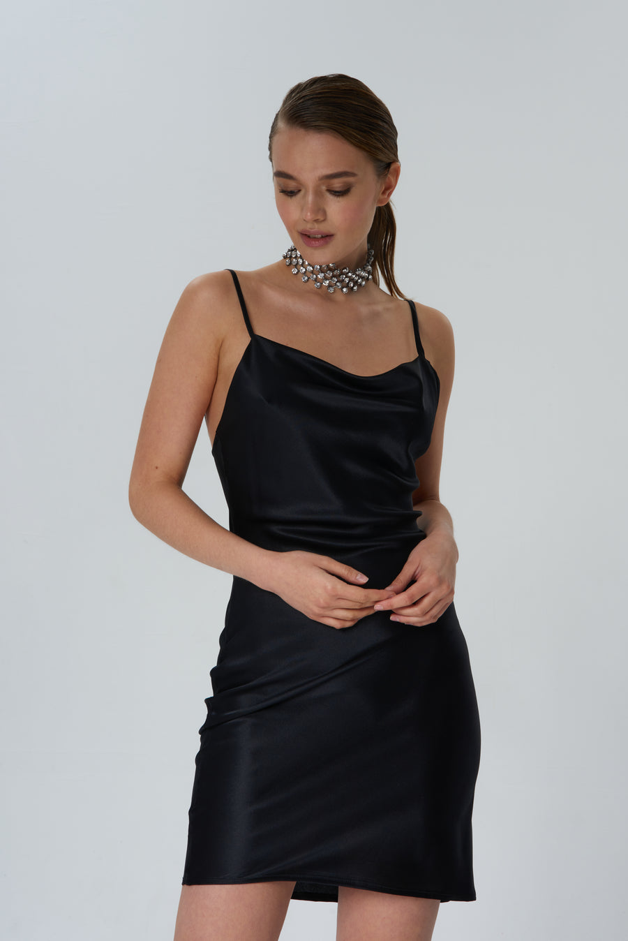 Mini silk satin slip dress in black
