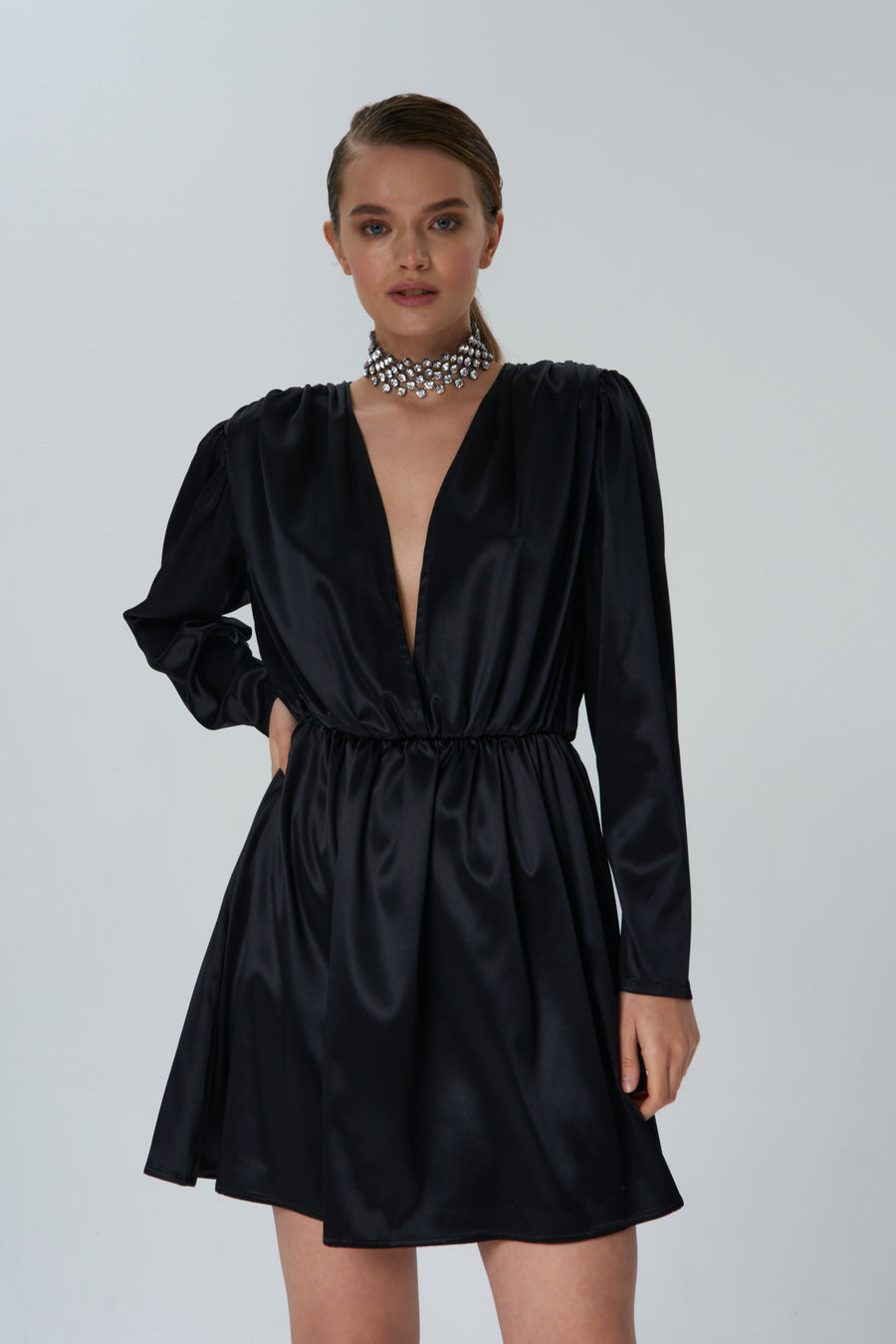 Silk satin dress with elastic waist in black