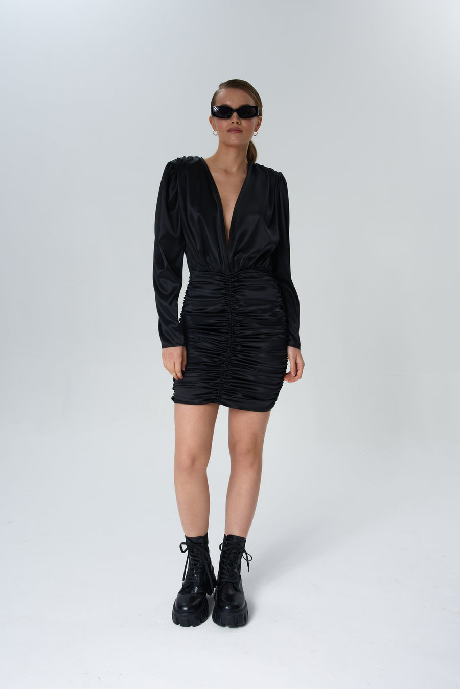 Long-sleeve silk mini dress in black