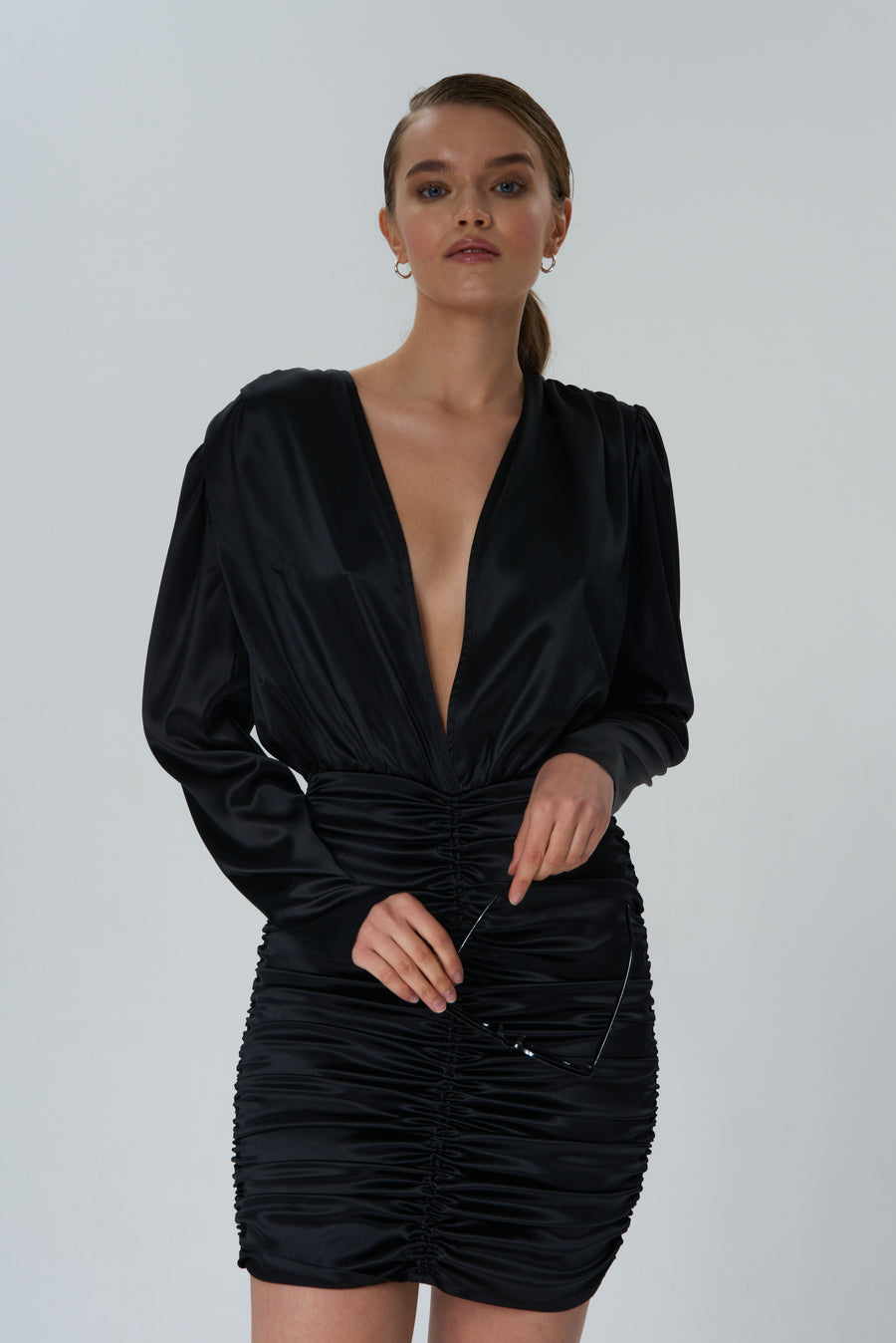 Long-sleeve silk mini dress in black