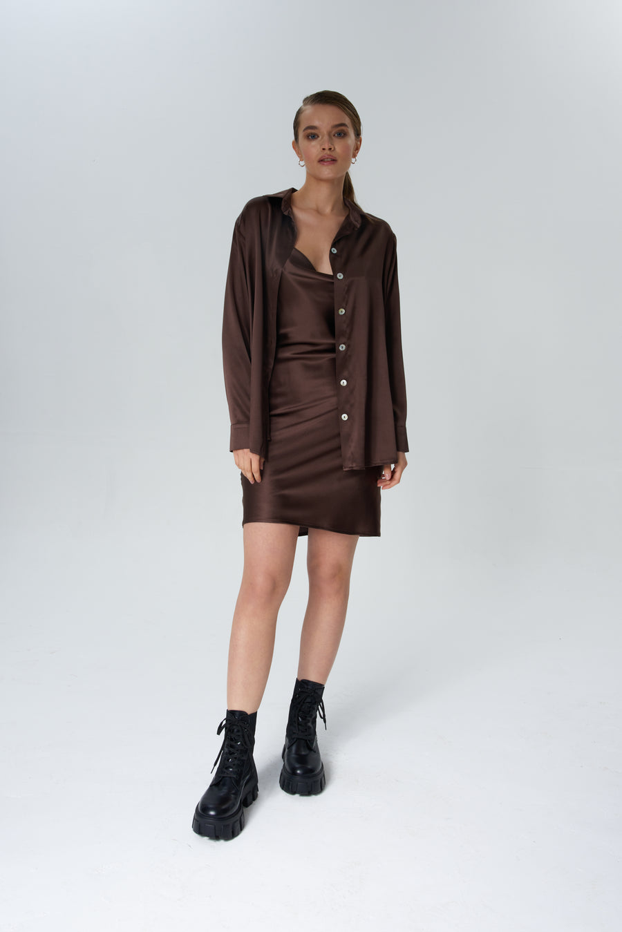 Mini silk satin slip dress with cowl neck in chocolate brown