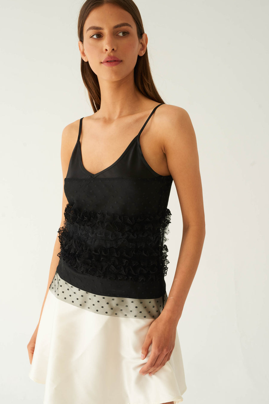 Silk satin top with lace