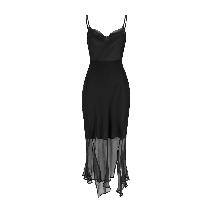 Bias-cut airy silk chiffon dress in black