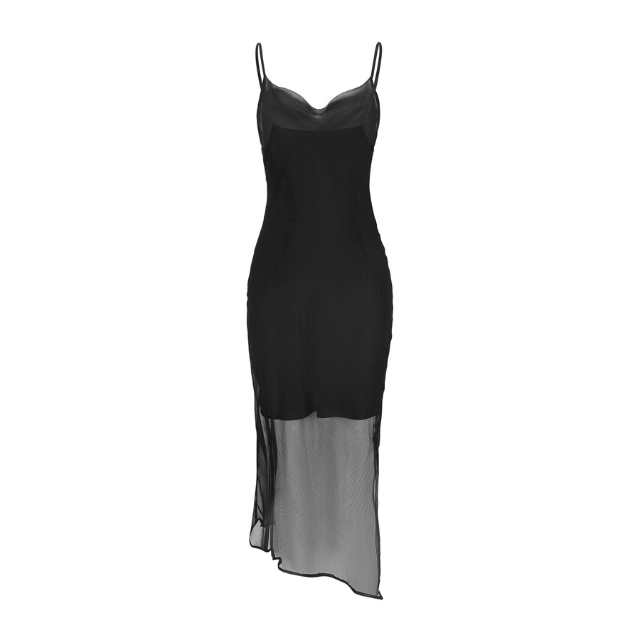 Bias-cut airy silk chiffon dress in black
