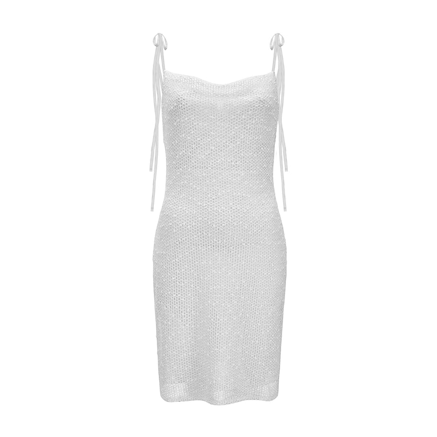 Cotton dress with silk and adjusted tie-straps in white