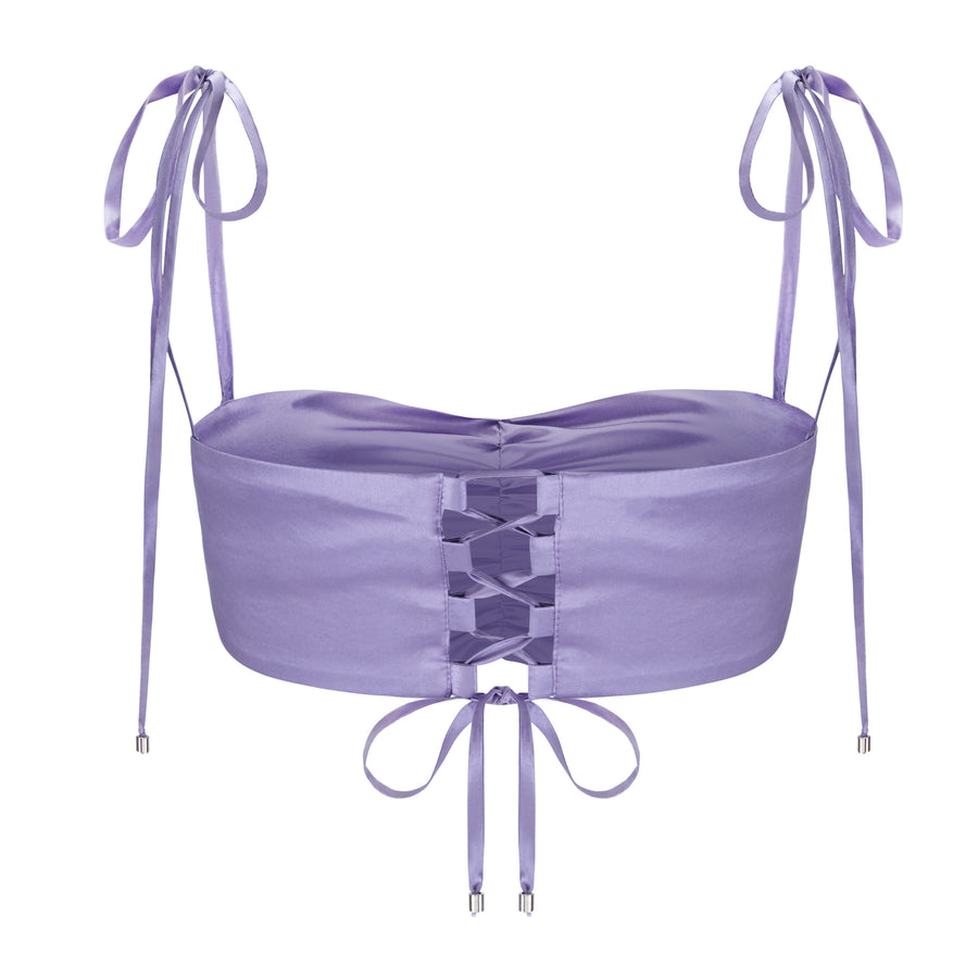 Ruched silk satin top with adjusted tie-straps in lavender