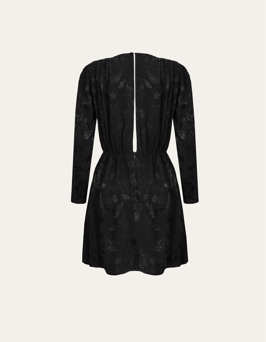 Flowery jacquard dress with elastic waist in black