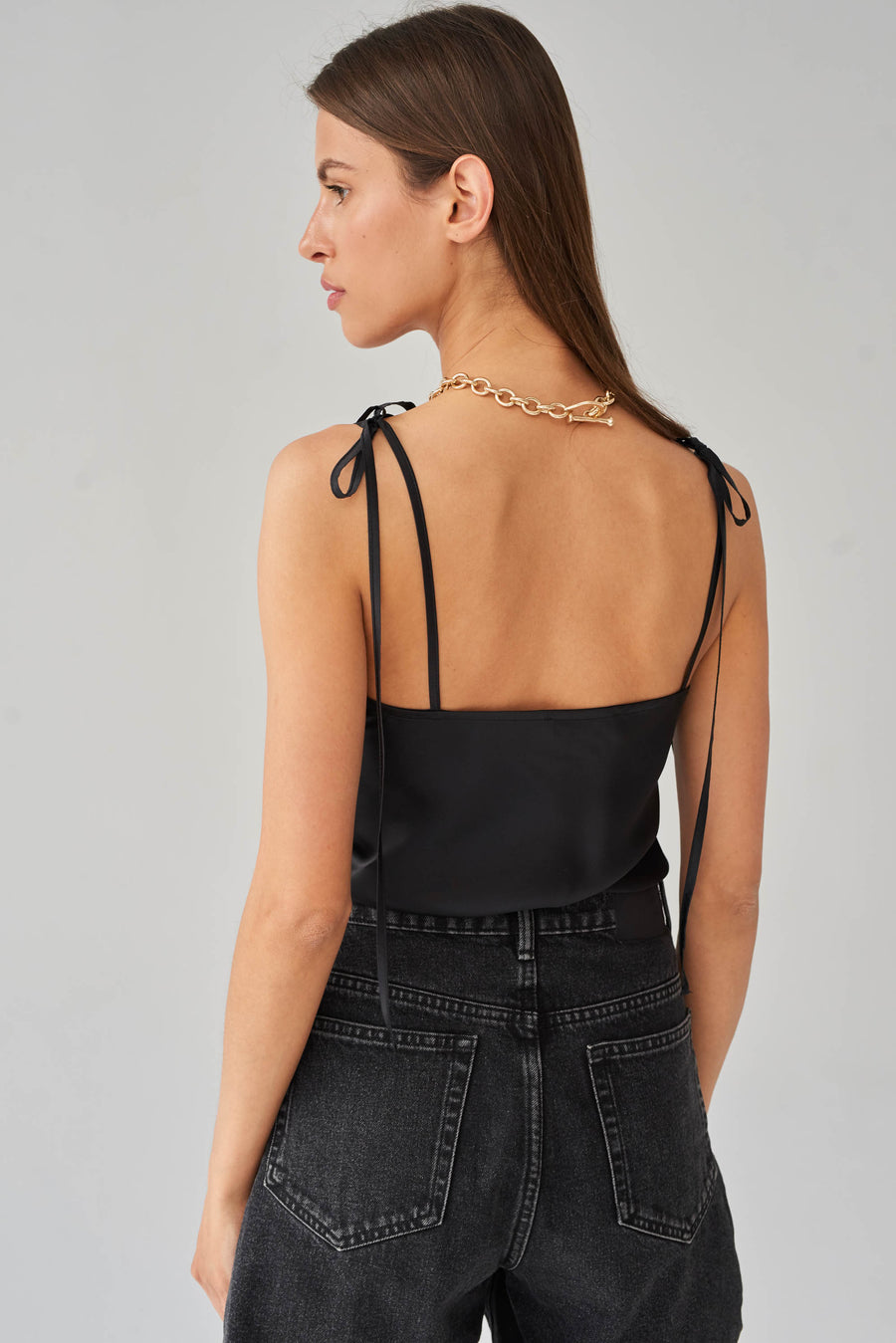Silk satin top with adjusted tie-straps in black