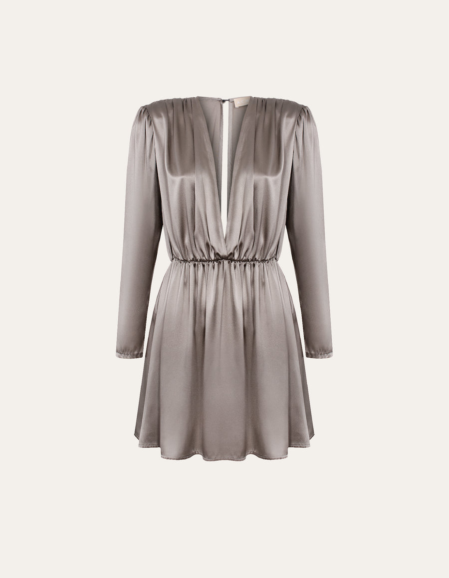 Silk satin dress with elastic waist in ligth taupe