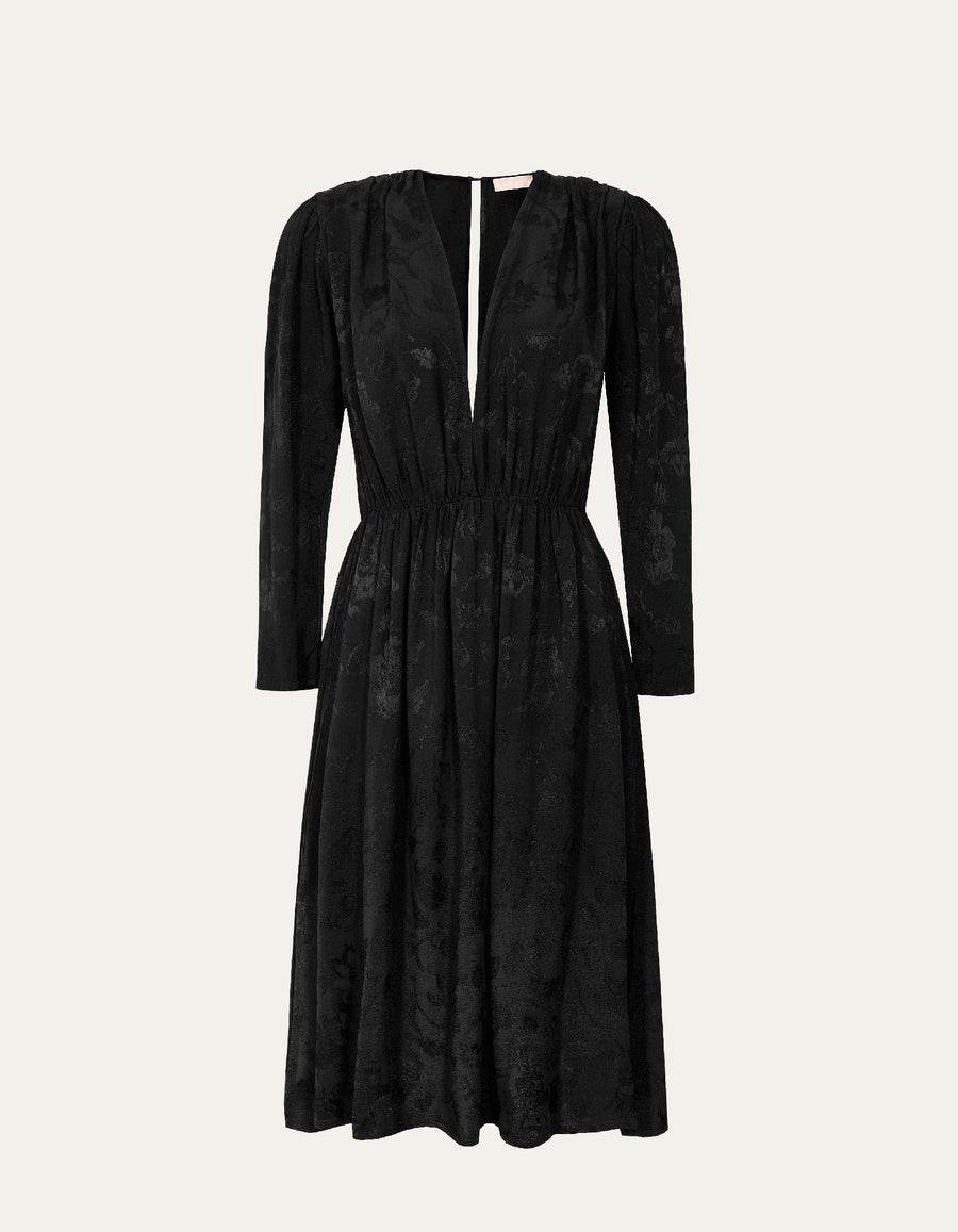 Long flowery jacquard dress with elastic waist in black