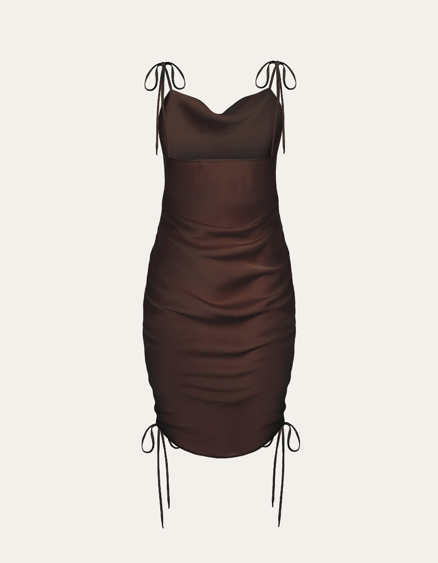 Ruched silk satin dress with cowl neck in chocolate brown