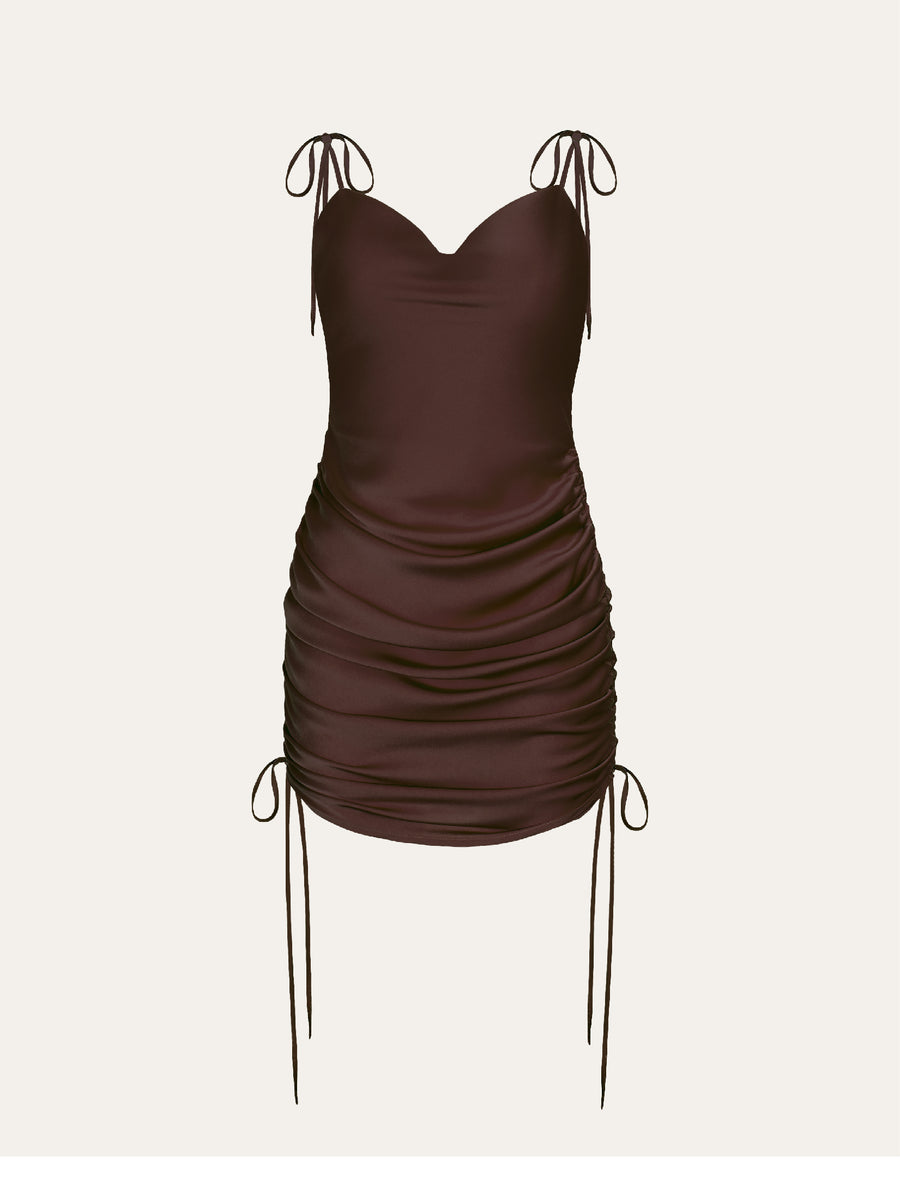 Ruched silk satin dress with cowl neck in chocolate brown