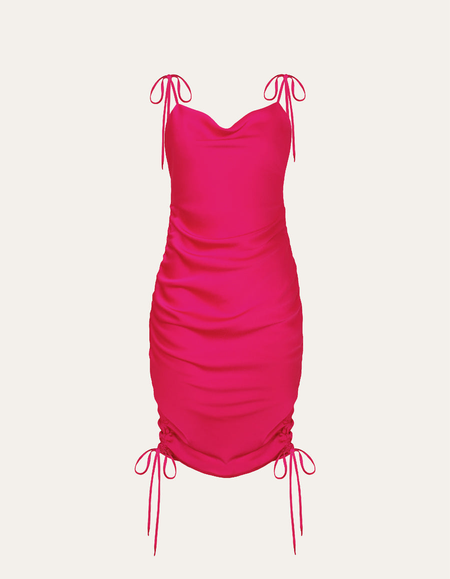 Ruched satin dress with cowl neck in pink