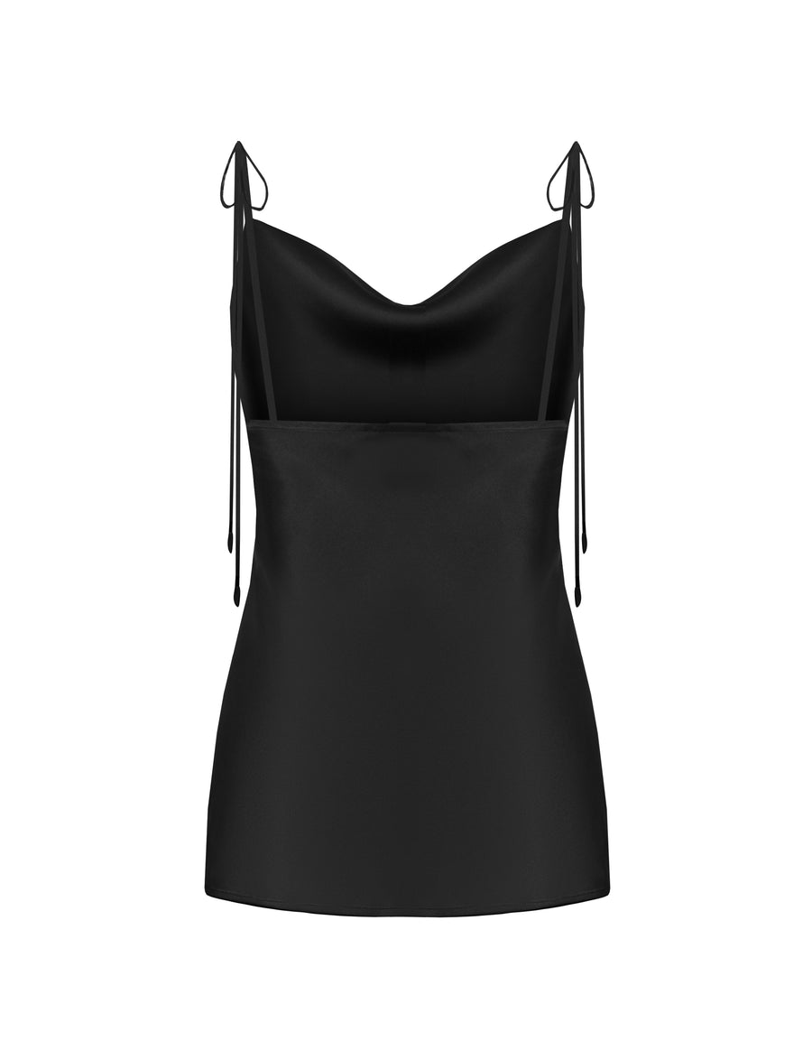 Silk satin top with adjusted tie-straps in black