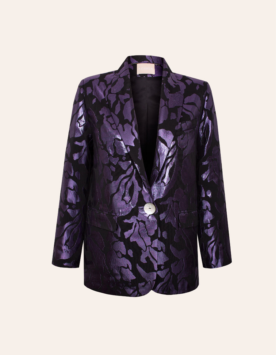 Oversized jacquard blazer with silk in black and purple